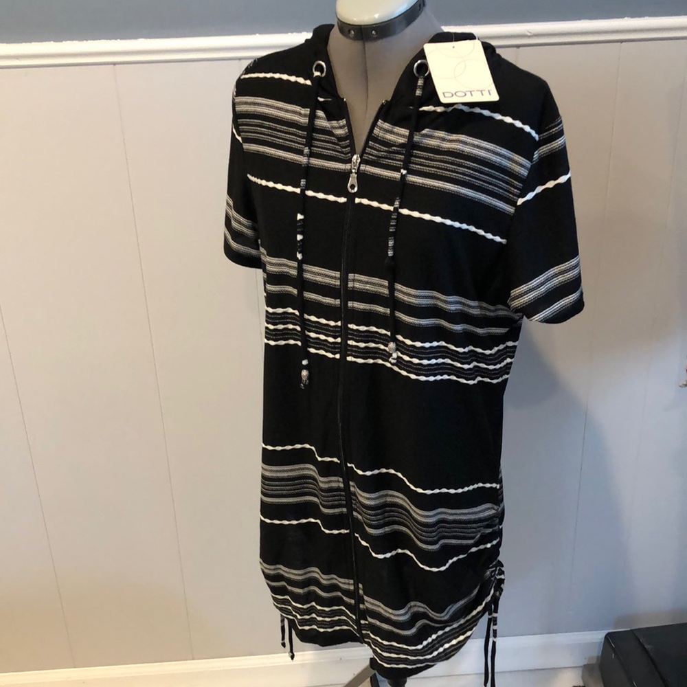 NWT Dotti Black and White Striped Hoodie Cover Up Zip Up
